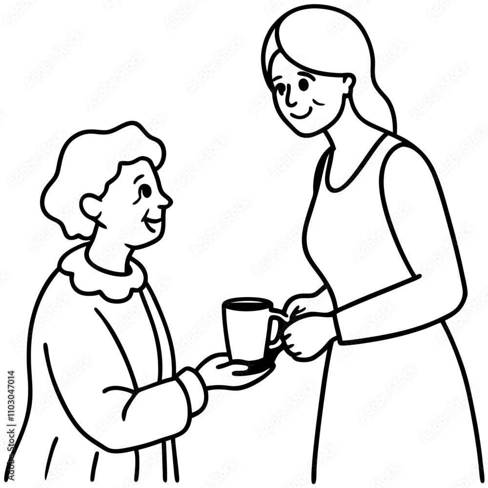 young woman giving a cup of drink to an old woman young woman giving a cup of drink to an old woman
