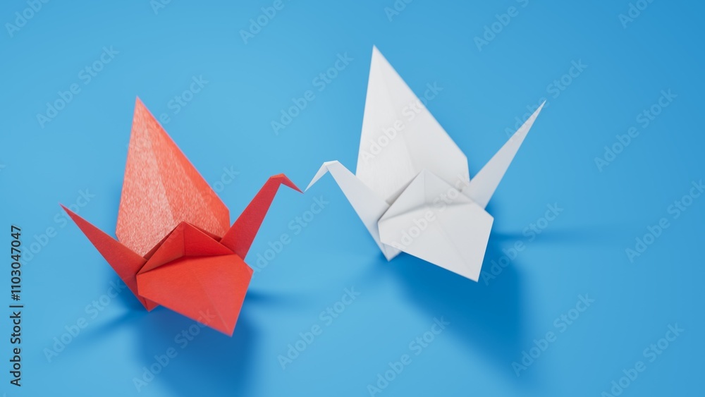 Pair of Origami bird lovers with heart. 3d illustration bird paper crane, bird paper craft for Hiroshima remembrance day and Valentine festival minimal style concept. Pair of Origami bird lovers with heart. 3d illustration bird paper crane, bird paper craft for Hiroshima remembrance day and Valentine festival minimal style concept.