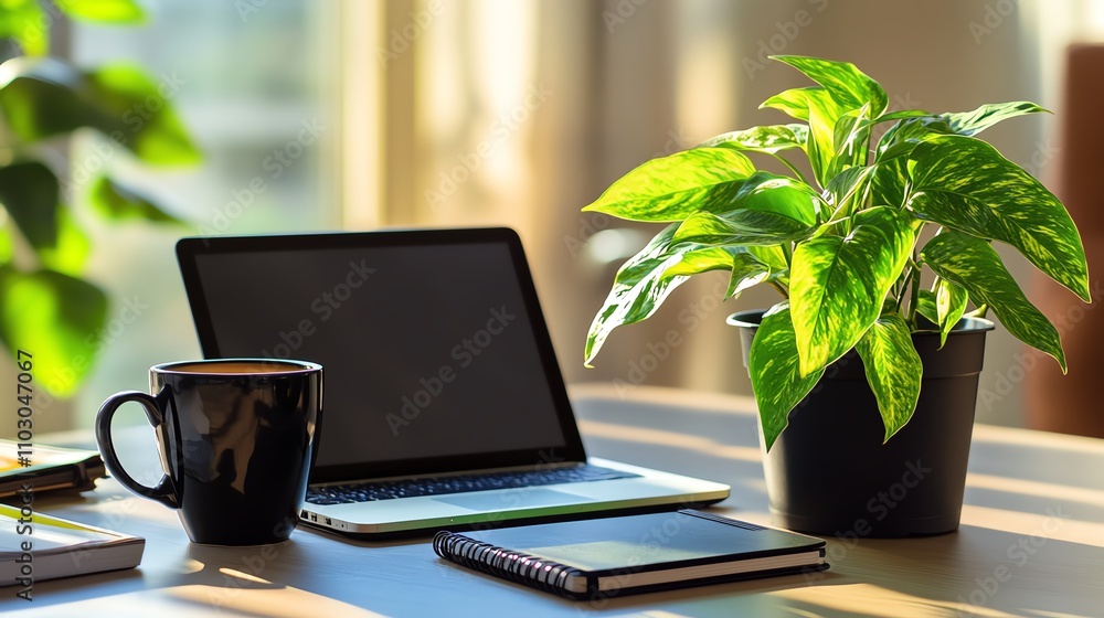 Home workspace with laptop and coffee plant. Home workspace with laptop and coffee plant.