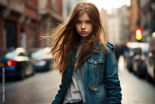 Wallpaper Mural A young woman with long brown hair stands on a city street in a blue jacket Torontodigital.ca
