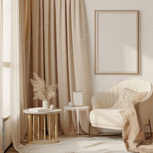 A cozy living room with a comfortable armchair. a side table. and a bed with beige linens The room is decorated with dried flowers in a vase and a large picture frame
