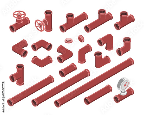 red pipe isometric steel water and gas and oil pipes Industrial connection with valve isolated vector set