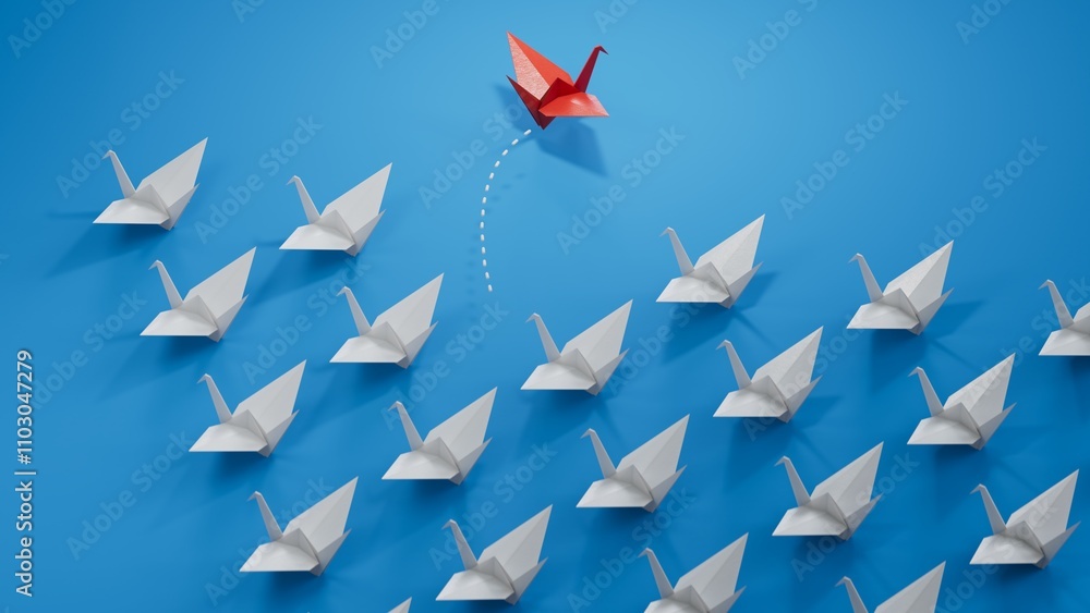 Red paper swan floating between others on light blue background, flat lay. Uniqueness concept.new ideas. paper art style. creative idea.3D rendering on blue background. Red paper swan floating between others on light blue background, flat lay. Uniqueness concept.new ideas. paper art style. creative idea.3D rendering on blue background.