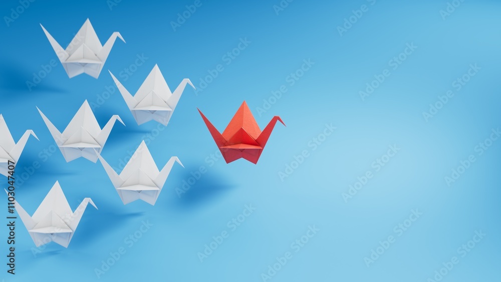 Row of paper swans. Business concept of creative innovation and leader swan. Flat lay red origami leader swan ahead of group white swans. Corporate strategy and successful solution. Row of paper swans. Business concept of creative innovation and leader swan. Flat lay red origami leader swan ahead of group white swans. Corporate strategy and successful solution.
