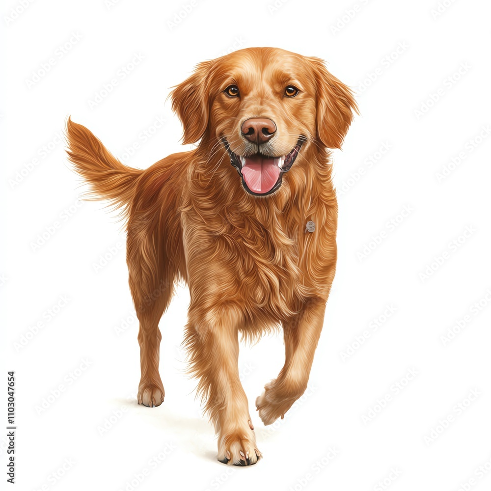 A cheerful golden retriever is walking happily, exuding joy and friendliness with its shiny golden fur and wagging tail. A cheerful golden retriever is walking happily, exuding joy and friendliness with its shiny golden fur and wagging tail.