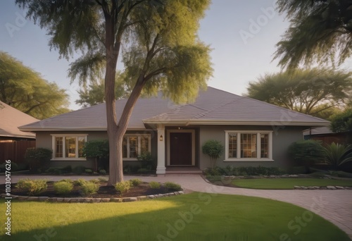 A spacious house featuring a brick walkway that leads directly to it