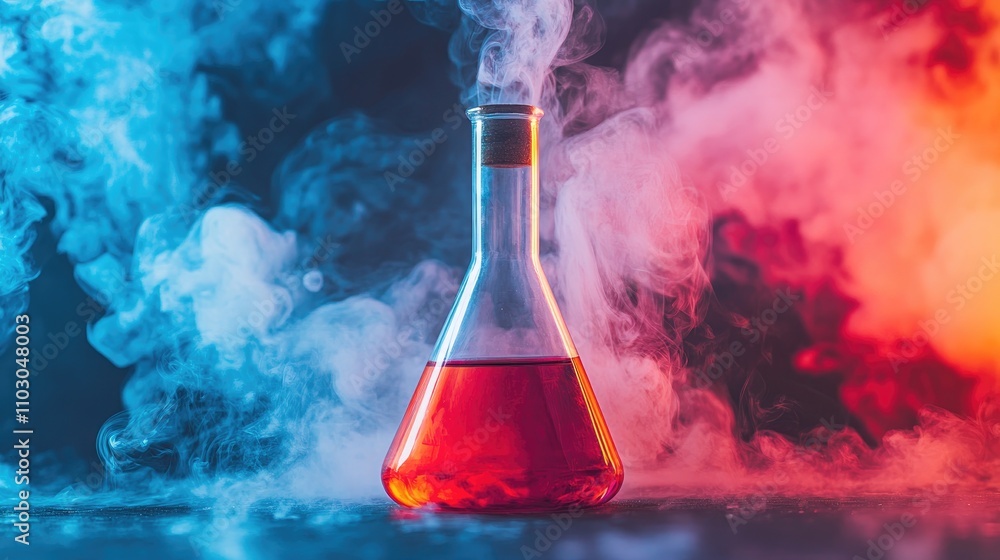 A conical flask filled with vibrant red liquid emits wisps of smoke amidst a dramatic blend of red and blue swirling fog. A conical flask filled with vibrant red liquid emits wisps of smoke amidst a dramatic blend of red and blue swirling fog.