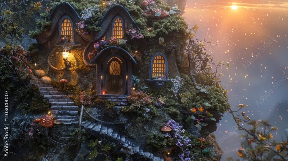 Obraz premium Celestial fairy home: ethereal doll villa with outdoor stairs and a heavenly fairy sky