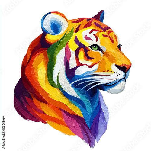 A vibrant, colorful illustration of a tiger's head, showcasing striking patterns and shades, symbolizing strength and beauty in wildlife. photo