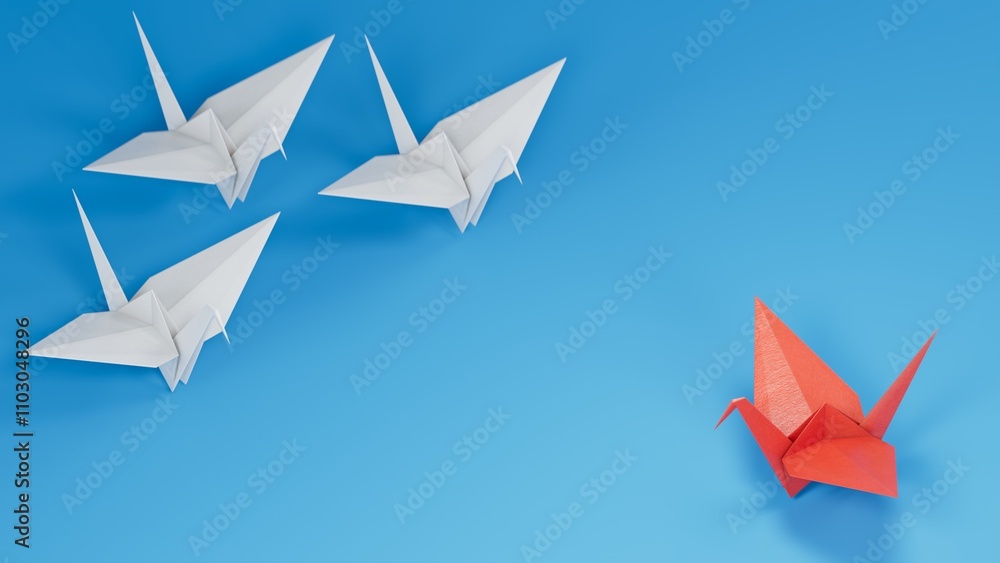 Fototapeta premium Different business concept.Red paper swan changing direction from white paper swan. new ideas. paper art style. creative idea.3D rendering on blue background.