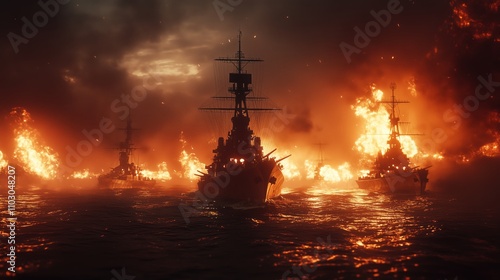 Naval Battle Amidst Explosions and Fire - made with Generative AI
