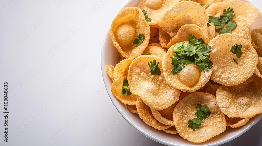 Top view of crispy Indian golgappa filled with spiced lentils and garnished with fresh coriander served in a white bowl on a clean background Top view of crispy Indian golgappa filled with spiced lentils and garnished with fresh coriander served in a white bowl on a clean background
