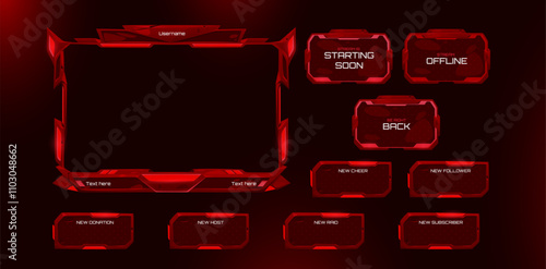 Game stream ui borders set isolated on black background. Vector realistic illustration of red frames for streaming platform, online and offline buttons, user interface design elements collection