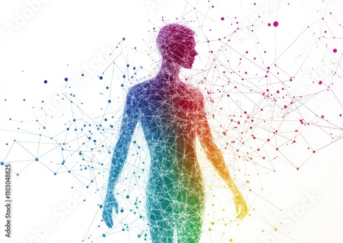 A colorful, abstract drawing of a person with a rainbow-colored body