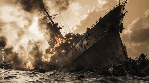 Naval Destruction: Flames Engulfing a Doomed Warship - made with Generative AI