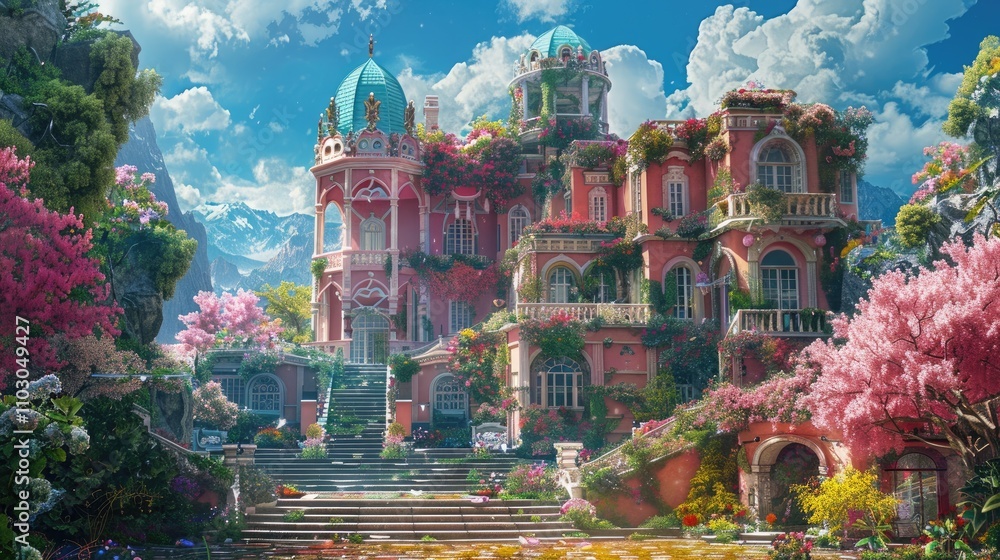 Obraz premium Celestial fairy palace: ethereal colorful villa of the fairy prince with outdoor stairs and a heavenly fairy sky 