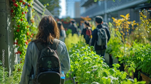 People Walking Through a Rooftop Hydroponic Garden Surrounded by Greenery, Highlighting an Eco-Friendly Sustainable Urban Ecosystem