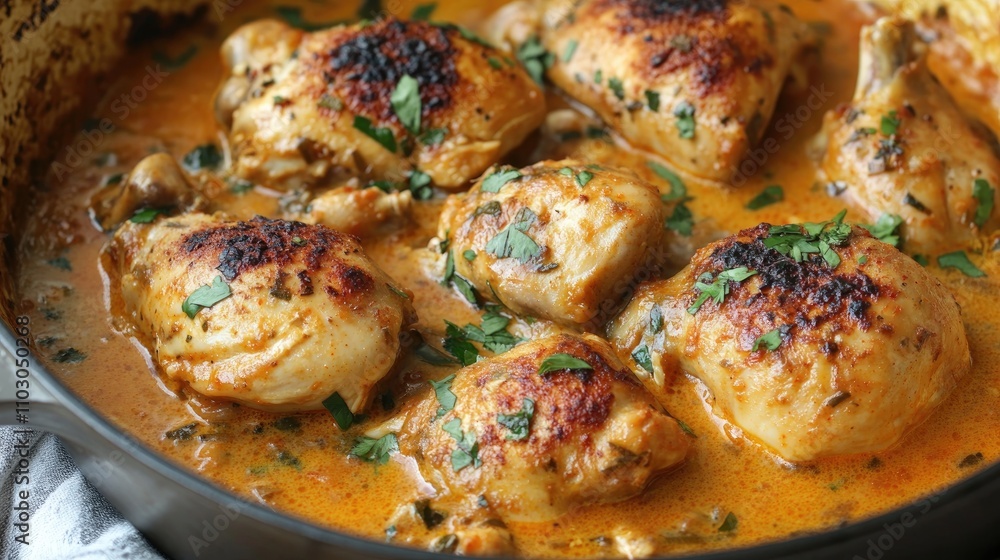 Creamy Spicy Chicken Stew featuring perfectly seared chicken thighs in a rich, flavorful sauce with herbs and vibrant spices. Creamy Spicy Chicken Stew featuring perfectly seared chicken thighs in a rich, flavorful sauce with herbs and vibrant spices.