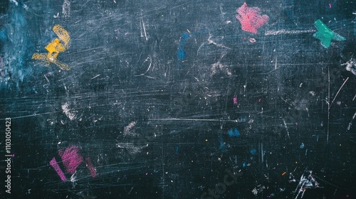 Faded chalk marks on a weathered blackboard with colorful remnants and scratched surface showing signs of extensive use over time. photo