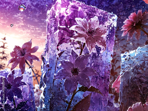 Flowers encased in ice blocks with water droplets and a colorful sky in the background