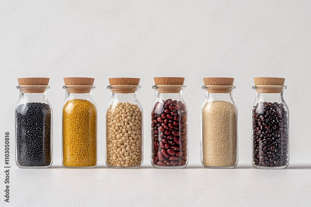 Assorted Grains and Legumes in Glass Jars on White Background Assorted Grains and Legumes in Glass Jars on White Background