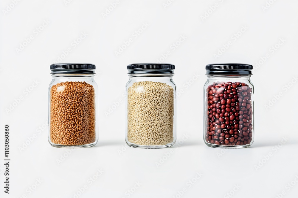 Assorted Grains and Legumes in Glass Jars on White Background Assorted Grains and Legumes in Glass Jars on White Background