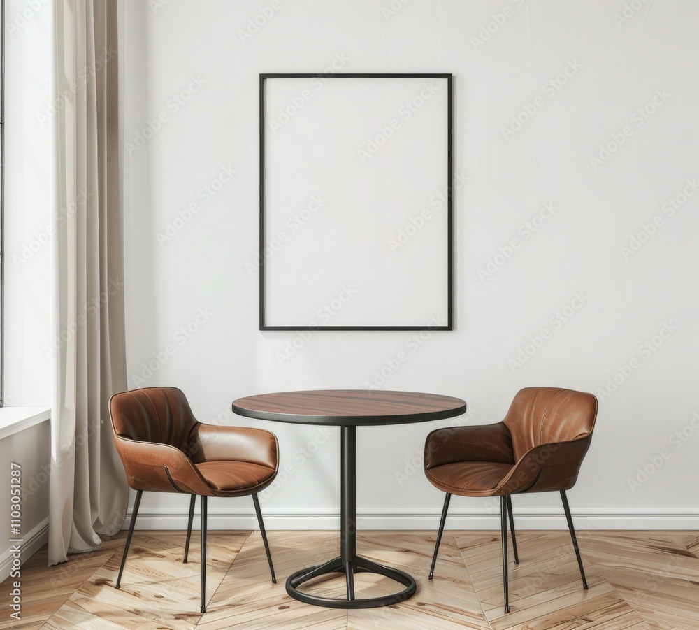 A modern dining room with a black framed empty poster above a round table with four brown leather chairs A large plant is in the corner A modern dining room with a black framed empty poster above a round table with four brown leather chairs A large plant is in the corner