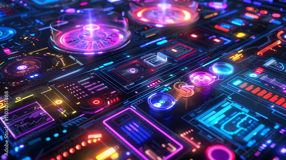 Futuristic Interface with Neon Lights and Glowing Buttons Futuristic Interface with Neon Lights and Glowing Buttons