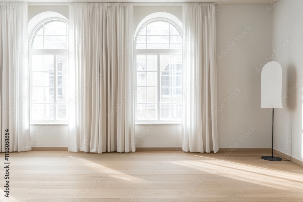 Fototapeta premium Refined interior featuring symmetrical arched windows, white curtains, and warm wooden floors bright and spacious atmosphere perfect for versatility