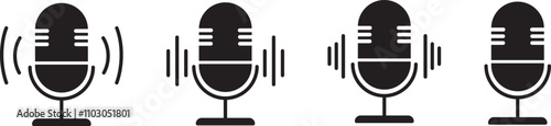 Microphone icon set. Different microphone collection. Podcast mike, journalist microphone, karaoke, conference. 