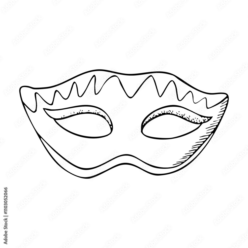 Purim Mardi Gras masquerade mask in Venetian style for carnival hand drawn black and white vector illustration. Simple ink drawing for coloring pages and books Purim Mardi Gras masquerade mask in Venetian style for carnival hand drawn black and white vector illustration. Simple ink drawing for coloring pages and books