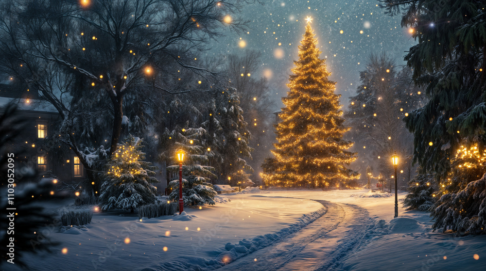 A Glowing Christmas Tree in a Snowy Winter Forest A Glowing Christmas Tree in a Snowy Winter Forest