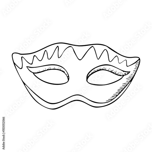 Purim Mardi Gras masquerade mask in Venetian style for carnival hand drawn black and white vector illustration. Simple ink drawing for coloring pages and books