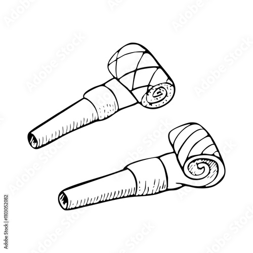 Black and white party whistles ink vector illustration set of party horns accessories in simple sketch style for coloring