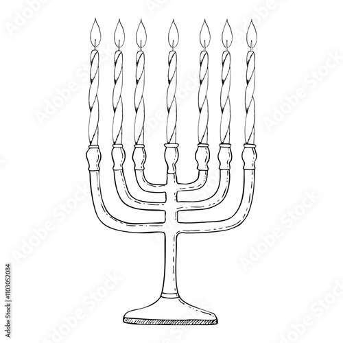 Jewish menorah with candles black and white line vector illustration for coloring. Religious candelabrum simple ink drawing for Israel traditional holidays