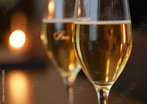 Elegant glasses of sparkling wine against a warm candlelit background