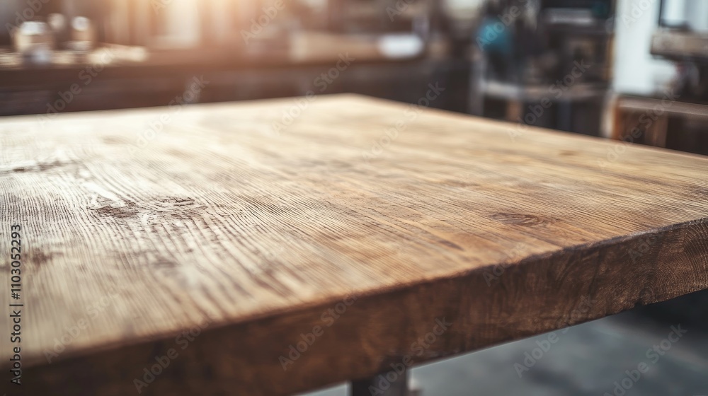Rustic wooden tabletop in a furniture workshop with warm sunlight, showcasing grain details and a spacious, inviting work environment.