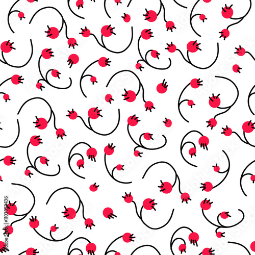 Red berries seamless pattern in folk style. Suitable for printing on fabric and paper. Vector illustration. 