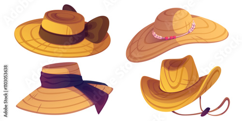 Cartoon set of straw headwear - traditional farmer hat with brown band, western cowboy design, elegant wide brimmed model with purple ribbon, rustic ranch hat with pink bead decor for outdoor work