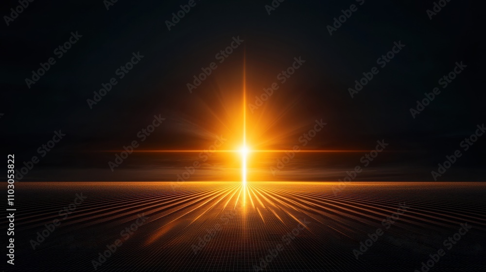 A radiant golden light beams through darkness, creating a star-like effect over a textured, wavy surface. A radiant golden light beams through darkness, creating a star-like effect over a textured, wavy surface.