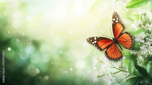 Orange Butterfly Amidst Spring Blossoms and Green Leaves