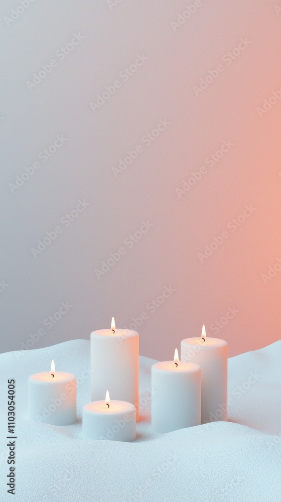 Peaceful Winter Scene Lit Candles on Snow Peaceful Winter Scene Lit Candles on Snow