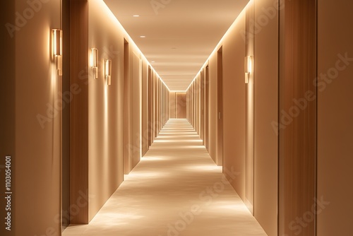 Warmly lit long hotel corridor with symmetrical design