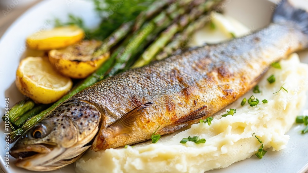 Grilled trout plated with creamy mashed potatoes, fresh asparagus, and garnished with lemon slices and herbs for a vibrant presentation. Grilled trout plated with creamy mashed potatoes, fresh asparagus, and garnished with lemon slices and herbs for a vibrant presentation.
