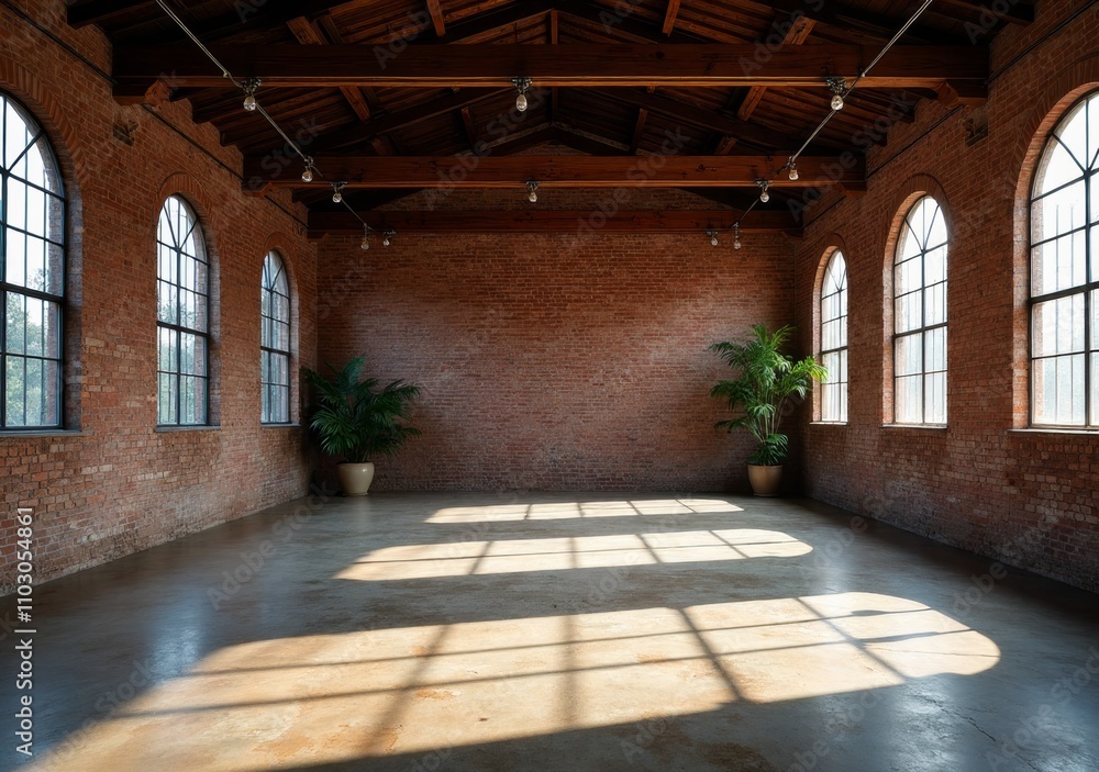 Spacious industrial room with large windows and sunlight casting shadows Spacious industrial room with large windows and sunlight casting shadows