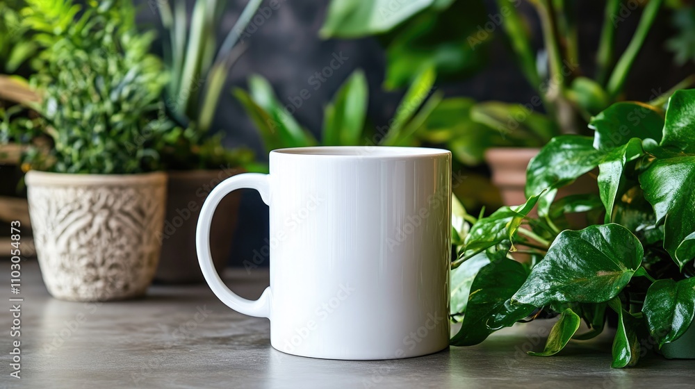 A pristine white mug resting on a table amidst vibrant green plants in decorative pots, showcasing a fresh and inviting natural atmosphere. A pristine white mug resting on a table amidst vibrant green plants in decorative pots, showcasing a fresh and inviting natural atmosphere.