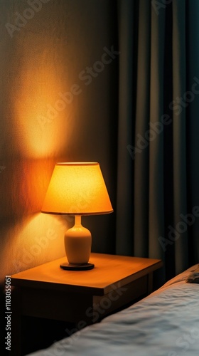 Warm Evening Glow Illuminated Table Lamp in Cozy Bedroom