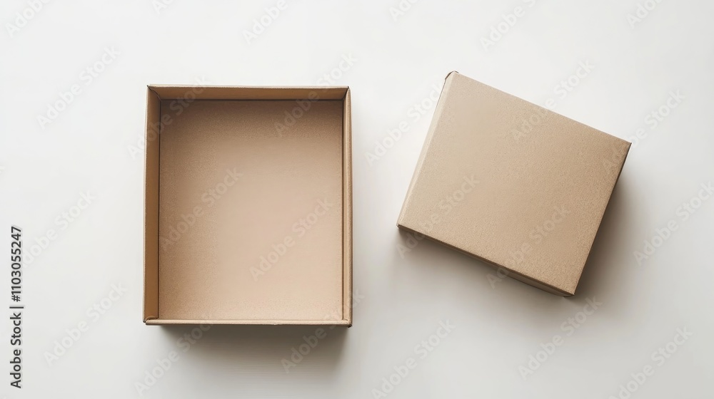Open cardboard box on a neutral background with the lid placed beside it, showcasing a minimalist design and natural brown texture. Open cardboard box on a neutral background with the lid placed beside it, showcasing a minimalist design and natural brown texture.