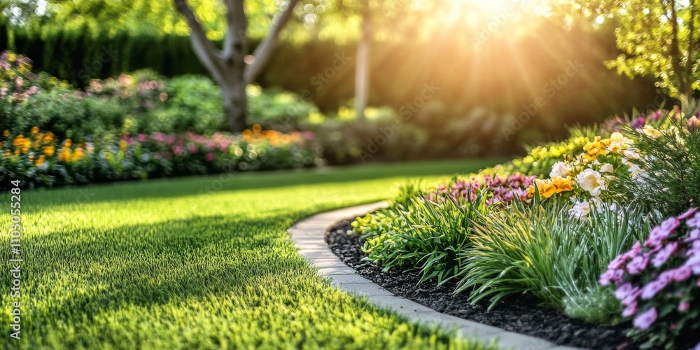 Fototapeta premium Beautifully landscaped garden featuring lush greenery, colorful flowers, and meticulously maintained lawn. Garden design and plant care inspiration.