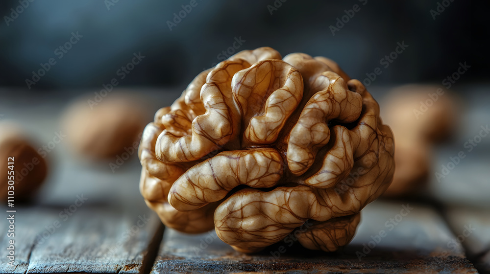 Fototapeta premium Brain nourishing food; Close-up of walnuts shaped like a brain on a rustic